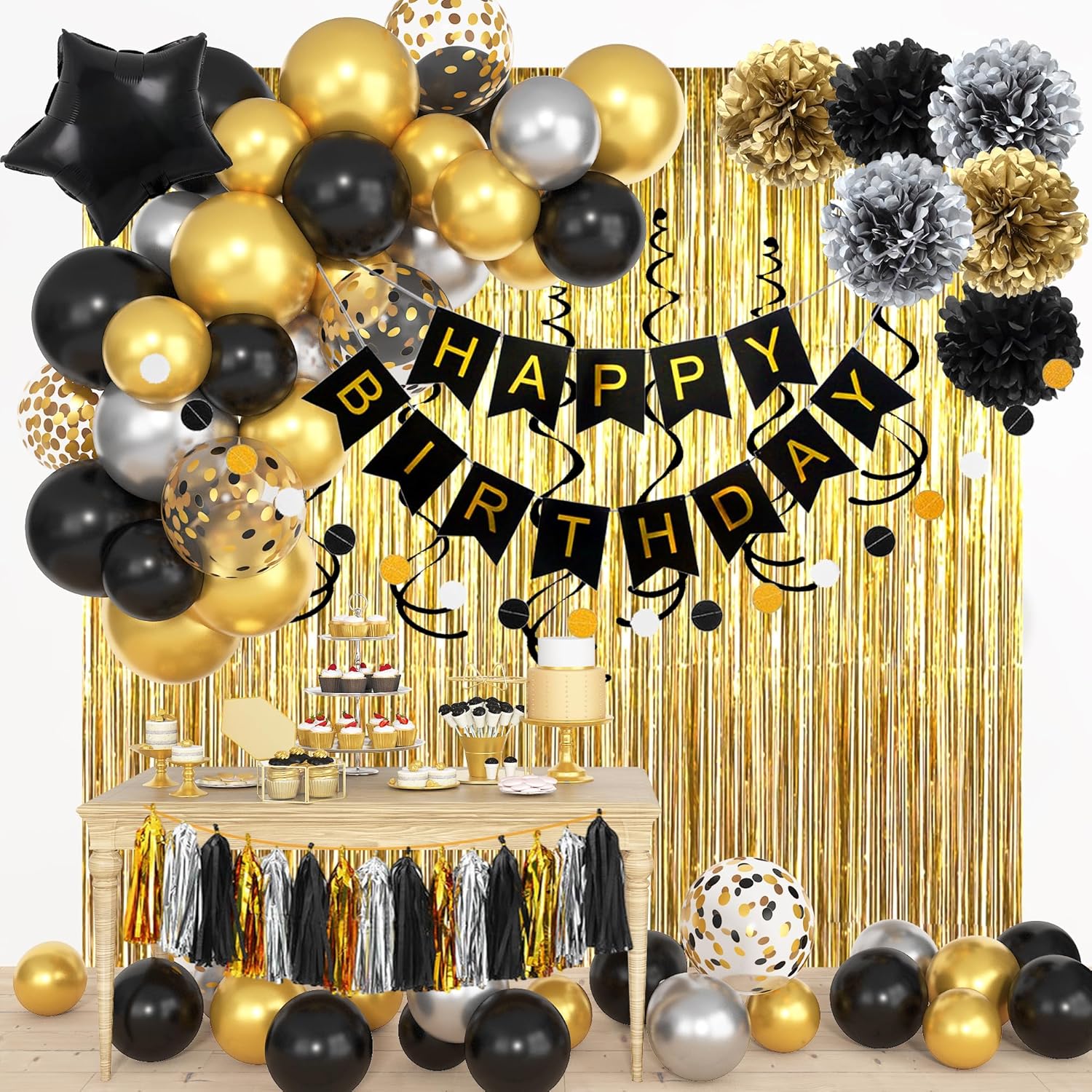 Black Gold Happy Birthday Deco - Balloon Arch Kit のレビューと価格