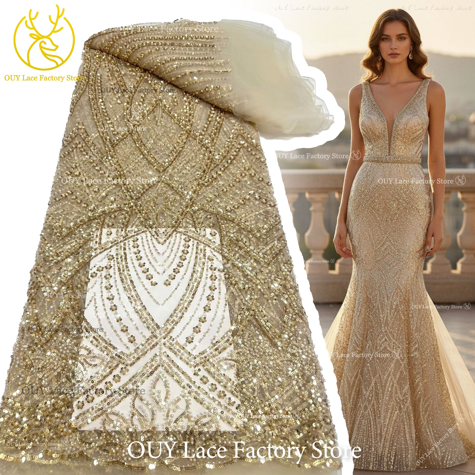 African Gold Beaded Lace Fabri - Glitter Tablecloth のレビューと価格